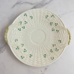 Belleek Ireland Shamrock Basketweave Handled Plate Vintage Bread/Cake Plate